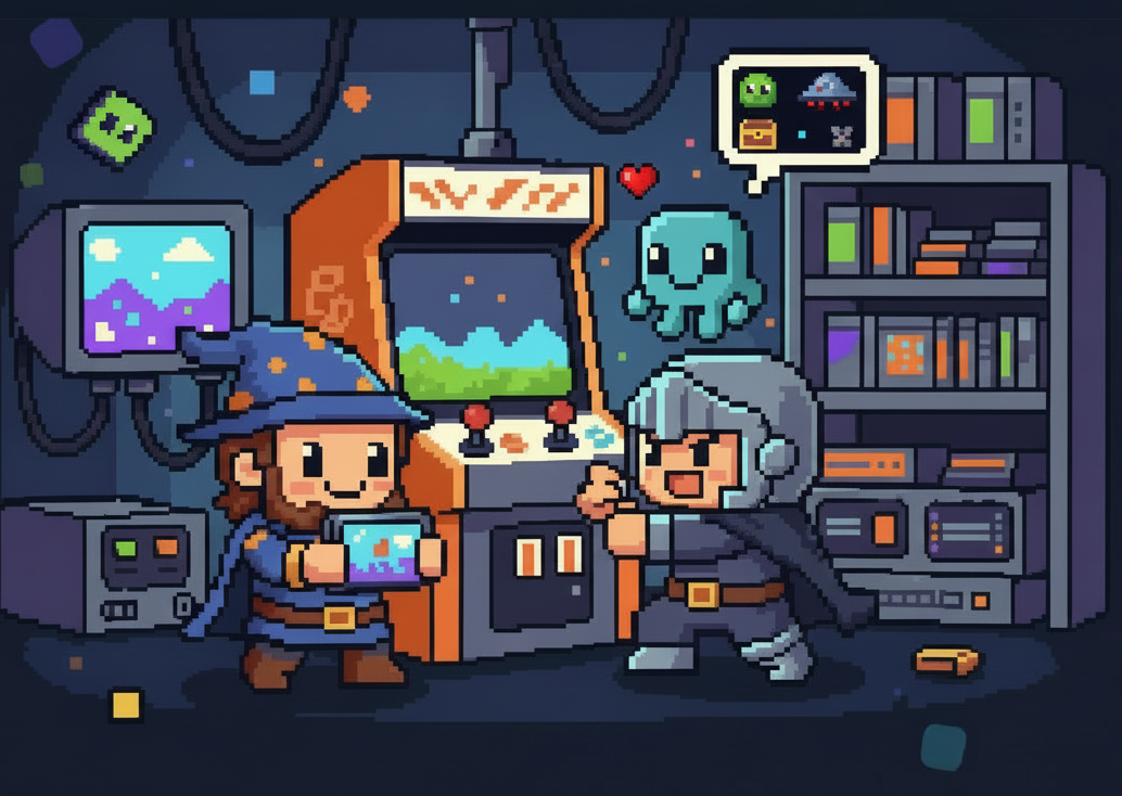Pixel art game development scene with characters playing arcade games